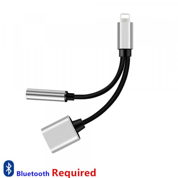 Wholesale 2 in 1 Bluetooth WIRED Lightning to Earphone Headphone Jack Adapter with Charge Port for Apple iPhone (Silver)